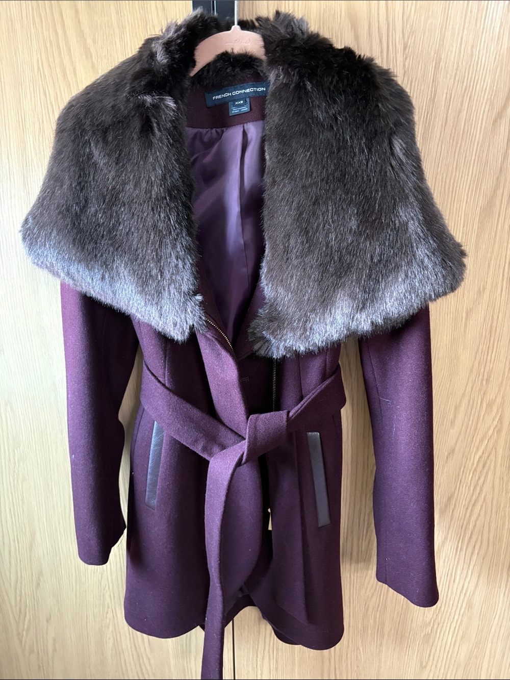 French Connection Plum Trench Coat with Faux-Fur Shawl Collar